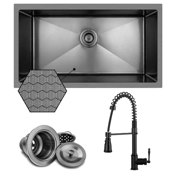 HEX 32 in. Undermount Single Bowl Gunmetal Black Stainless Steel Kitchen Sink with Faucet