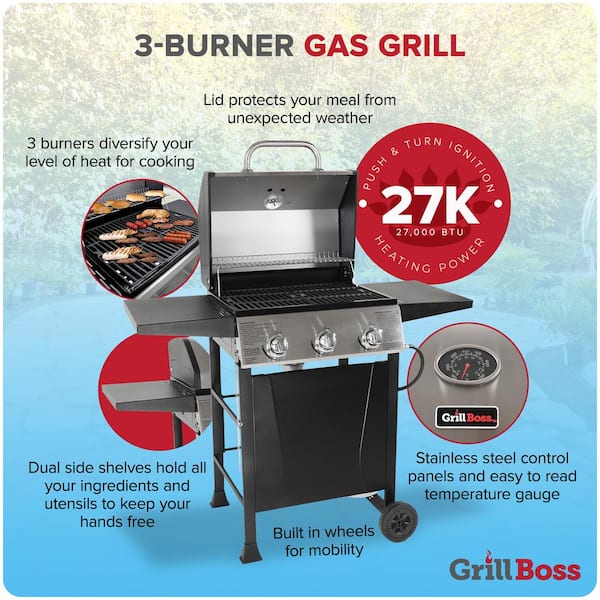 Grill Boss 3 Burner Gas Grill in Black with Top Cover and Shelves Stainless  Steel, 2 Number of Side Burners GBC1932M - The Home Depot