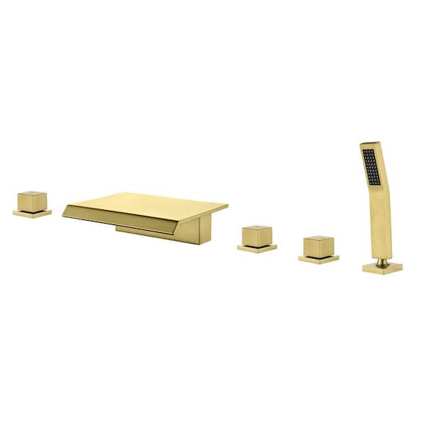 3-Handle Tub Deck Mount Roman Tub Faucet, Stainless Steel Tub Facuet with Hand Shower in Brushed Gold