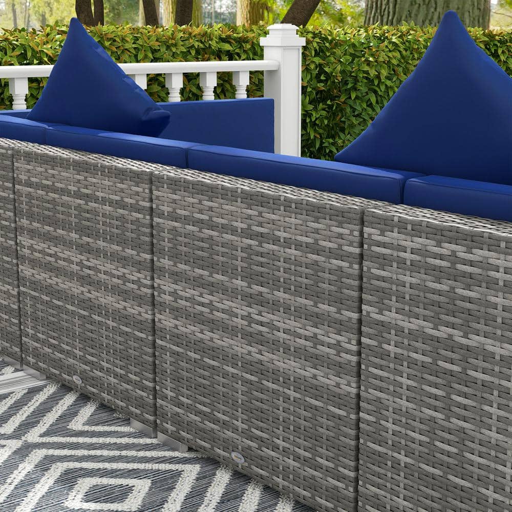 Mixed Gray and Blue PE Rattan Wicker 7-Piece Sectional Sofa Set