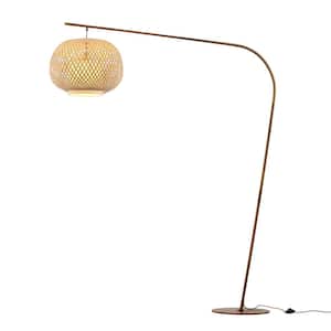 FOS 79 in. Bohemian With Brushed Brass + Walnut Finish Arch Floor Lamp with Drum Bamboo Shade for Living Room