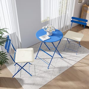 Blue 3-Piece Metal Folding Round Outdoor Bistro Set with Cushions Patio Table Chairs Furniture