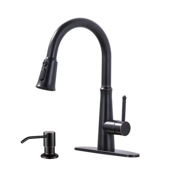 VEVETTA Single Handle Pull Down Sprayer Kitchen Faucet with Soap Dispenser and Deck Plate Included in Oil Rubbed Bronze