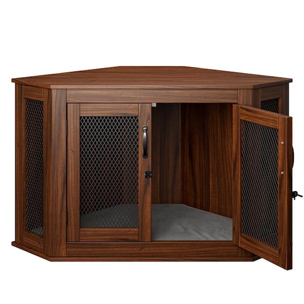 FUFU&GAGA Corner Dog Crate with Cushion, Wooden Dog Kennel, Indoor Dog Crate Cage for Small Medium Dogs for Limited Room, Walnut