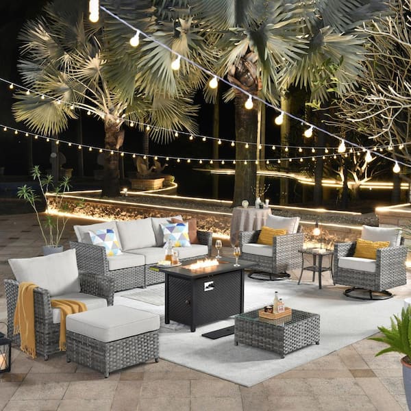 Toject Eufaula Gray 10-Piece Wicker Patio Fire Pit Conversation Sofa Set with Swivel Rocking Chairs and Coarse Beige Cushions