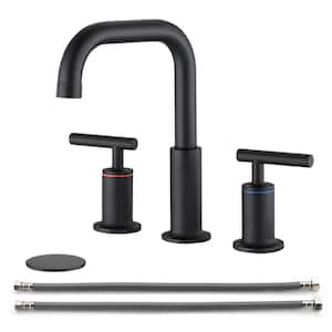 SWUP 8 in. Widespread Double-Handle Bathroom Faucet Combo Kit with Drain Kit Included and Pop Up Drain in Matte Black