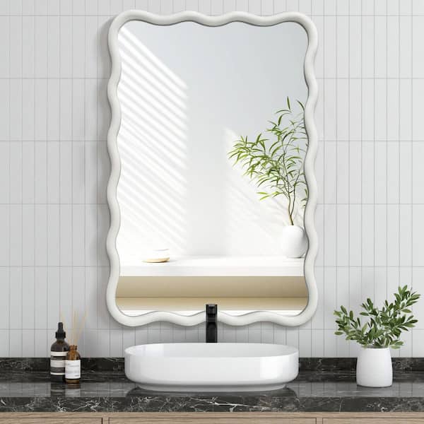 20 in. W x 30 in. H Rectangle White Wood Framed Wavy Wall Mirror
