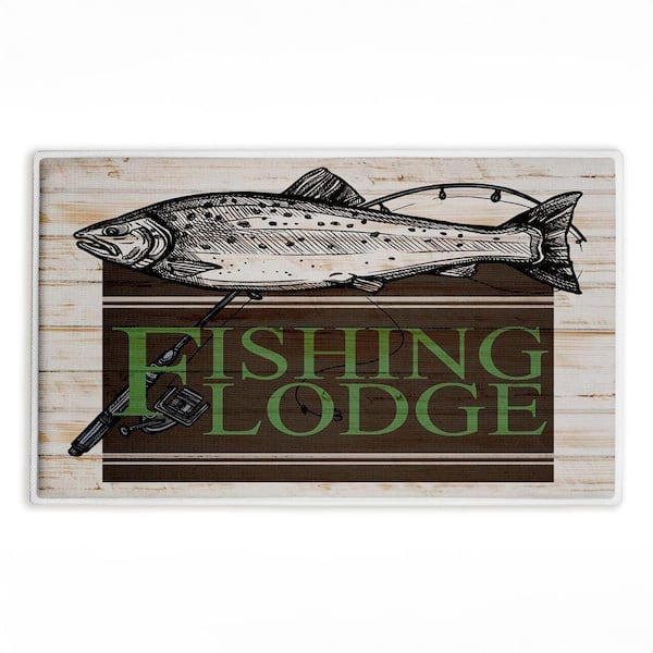 Rustic Fishing Lodge 18 in. x 30 in. Brown Graphic Polyester Blend Rectangle Bath Mat