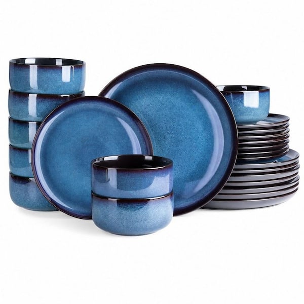 24-Piece Blue Ceramic Dinnerware Sets Service for 8, Highly Chip and Crack Resistant, Dishwasher & Microwave & Oven Safe
