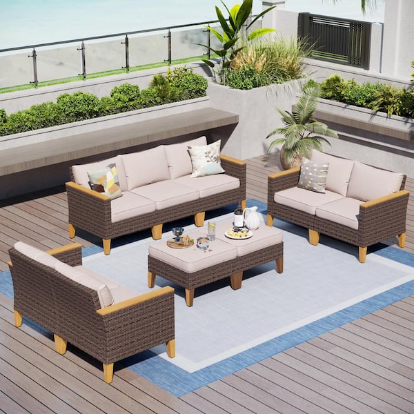 PHI VILLA Brown Wicker Rattan 9 Seat 9-Piece Steel Outdoor Patio Conversation Set with Beige Cushions and 2 Ottomans