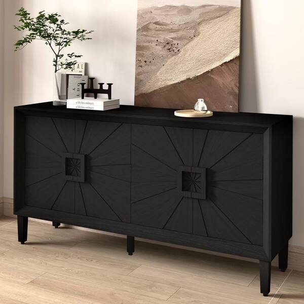 Farmhouse Antique Black Wood 59.8 in. Sideboard with Symmetrical Sunburst Door Design and Adjustable Shelves