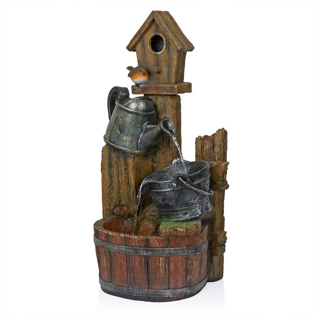 Rustic Polystone Watering Can Birdhouse Fountain with LED Lights