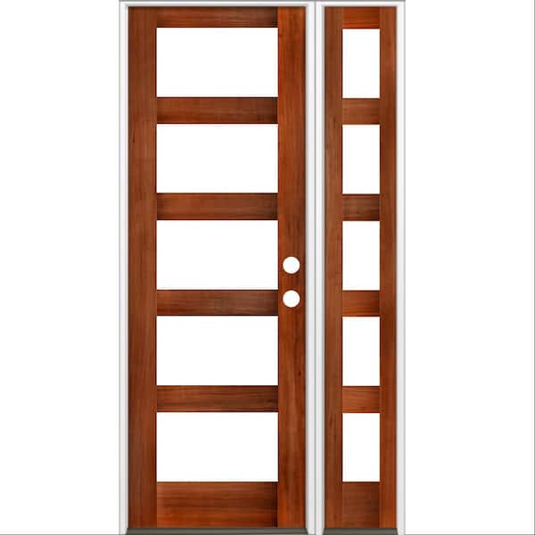 Krosswood Doors 50 in. x 96 in. Modern Hemlock Left-Hand/Inswing 5-Lite Clear Glass Red Chestnut Stain Wood Prehung Front Door