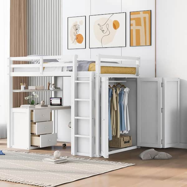 White Full Size Loft Bed with Drawers, Desk, and Wardrobe