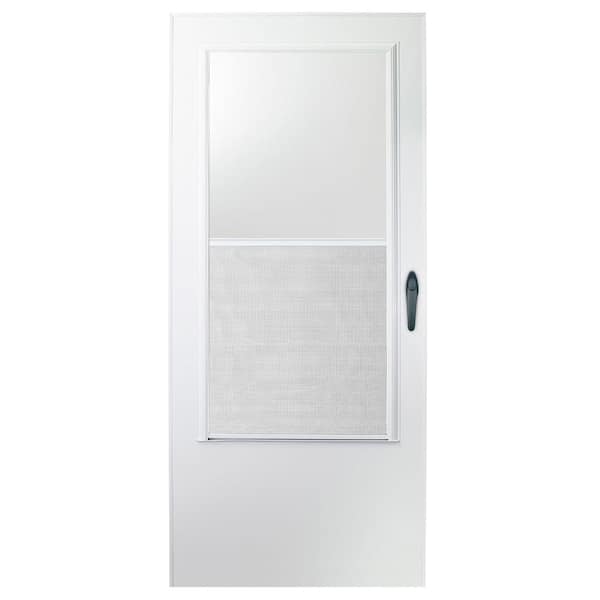 EMCO 32 in. x 78 in. 100 Series White Universal/Reversible Self-Storing Aluminum Mid-view Storm Door