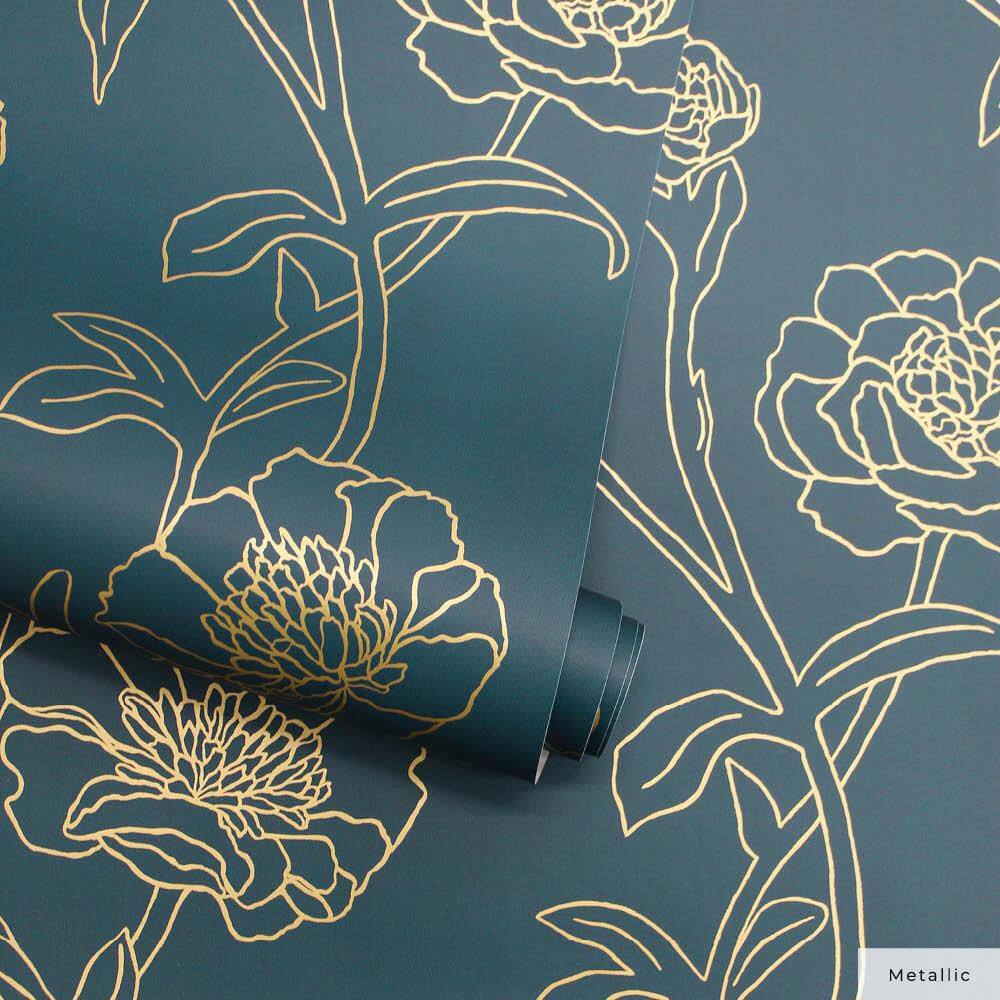 Peacock Blue and Gold Floral Peel and Stick Wallpaper