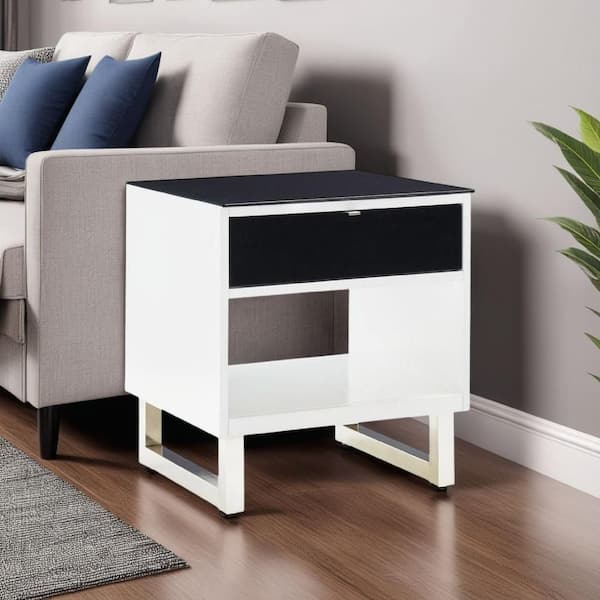 Benjara Tonny 20 in. White and Black Round Glass End Table with Drawer and Shelf