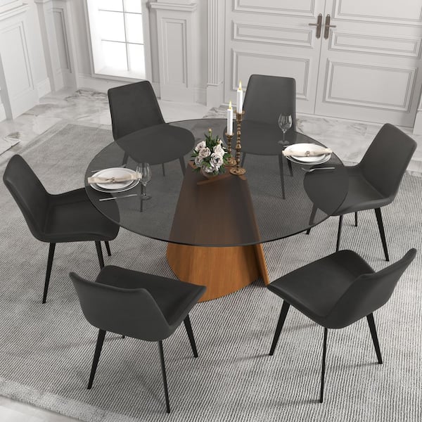 Magic Home Modern 59.05 in. Black Round Tempered Glass Tabletop Dining Table with Walnut Pedestal Base (Seats 8)