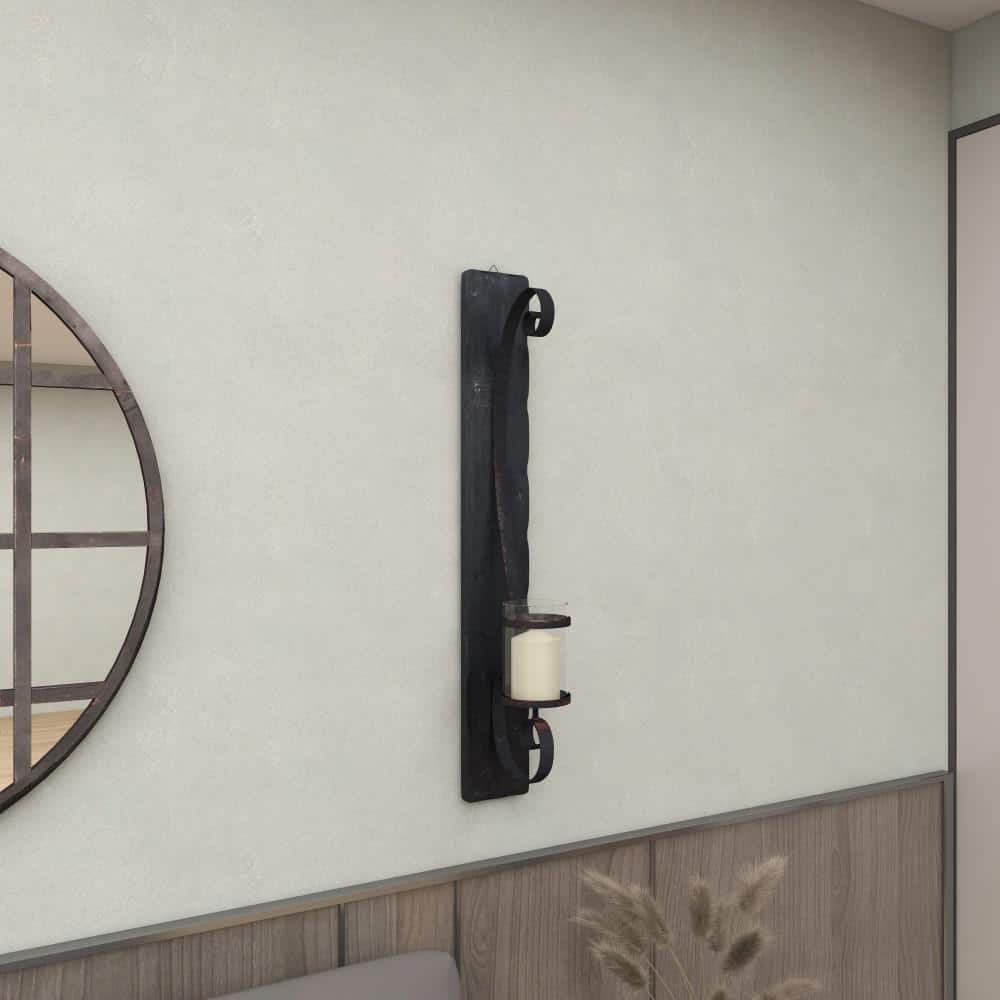 Black Metal and Wood Wall Sconce with Hurricane Glass