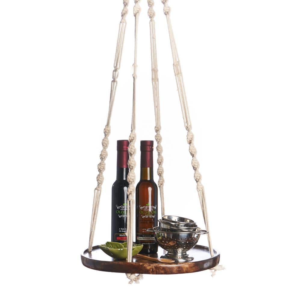 36" Stained Mango Wood Hanging Shelf with Jute Hanger