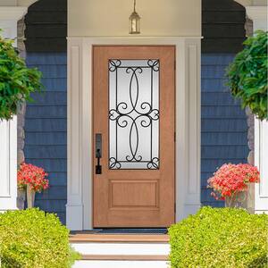 Regency 36 in. x 80 in. ¾-Lite Georgian Decorative Glass LHOS Autumn Wheat Mahogany Fiberglass Prehung Front Door