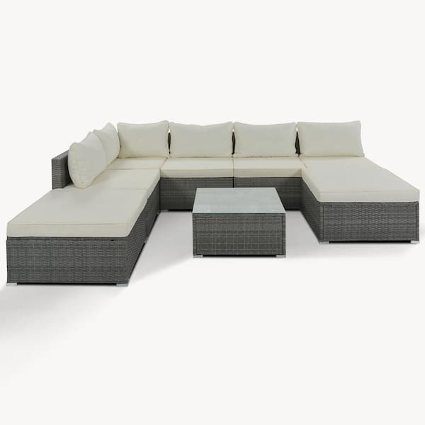 Zeus & Ruta 8-Pieces Gray Wicker Patio Outdoor Conversation Sofa Set with Beige Cushions and Single Sofa Combinable