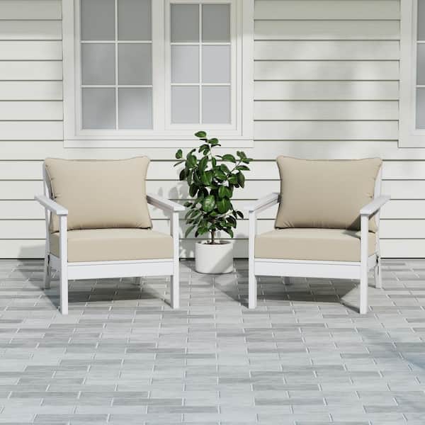Birchwood White Outdoor Patio (Set of 2) Deep Seating HDPE Lounge Chairs w/ Beige Cushions