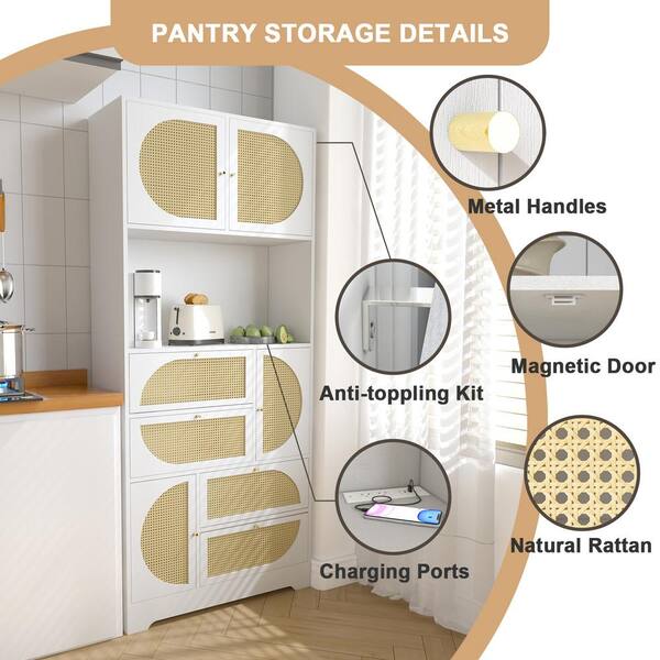 Tatayosi 11.8 in. W x 31.5 in. D x 71 in. H White Storage Cabinet with Rattan Doors, Pantry Hutch Cabinet Ready to Assemble