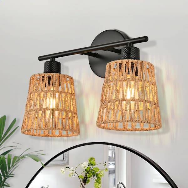 Nafissa 14.96 in. 2 Light Brown Vanity Light with Cone Rattan Shade, Farmhouse Boho Over Mirror Lights for Bathroom