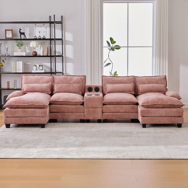 Modern 126 in. 4-Pieces Fabric Upholstered U-Shaped with Wireless Charging and Bluetooth Audio Sectional Sofa in. Pink