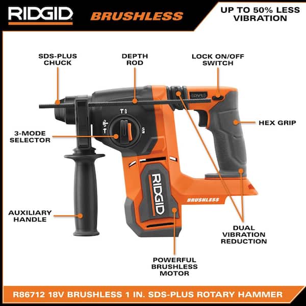 RIDGID R86712B 18V Brushless Cordless 1 in. SDS-Plus Rotary Hammer (Tool Only) - 3