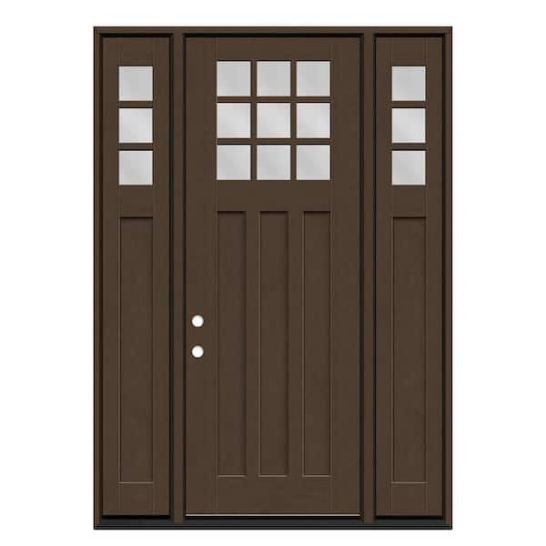 Regency 64 in. x 96 in. 1/4 9L-SDL Clear Glass RHIS Hickory Fiberglass Prehung Front Door with 12 in. 1/4 Top SLs 6-9/16