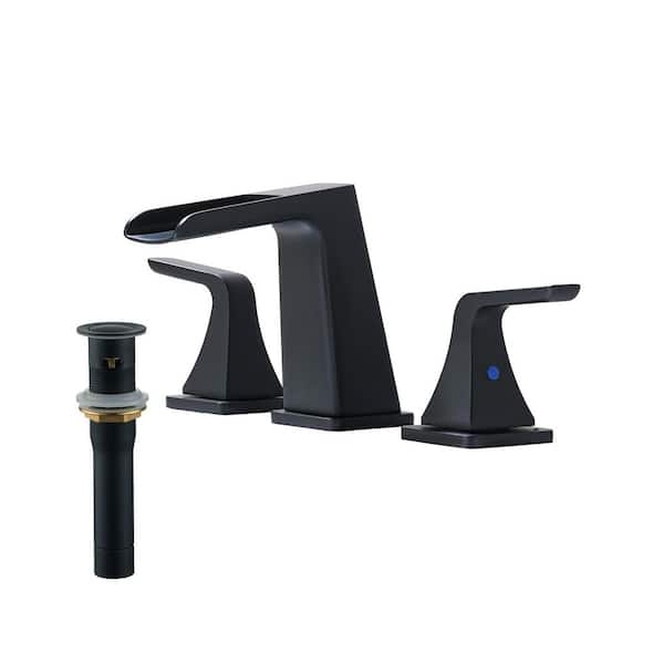 8 in. 2-Handle Widespread Waterfall Spout Bathroom Faucet with Pop-Up Drain Kit in Matte Black
