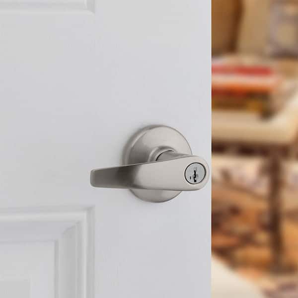 Delta Satin Nickel Keyed Entry Door Handle featuring SmartKey Security and Microban Technology