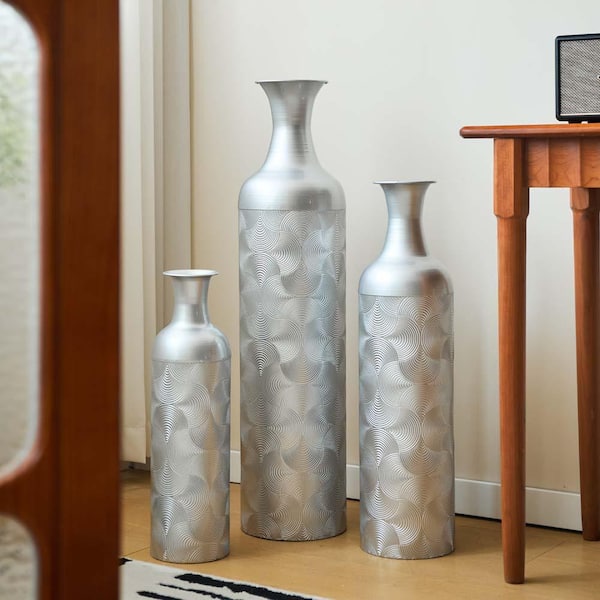 32.68 in. Silver Metal Bottle Floor Standing Vase Set of 3