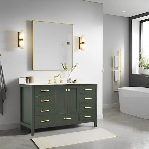 Enliven 60 in. Single Sink Freestanding Forest Green Bath Vanity with White Engineered Stone Top