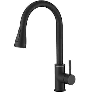 Single Handle Touch On Deck Mount Pull Down Sprayer Kitchen Faucet with LED Light & Deck Plate in Matte Black