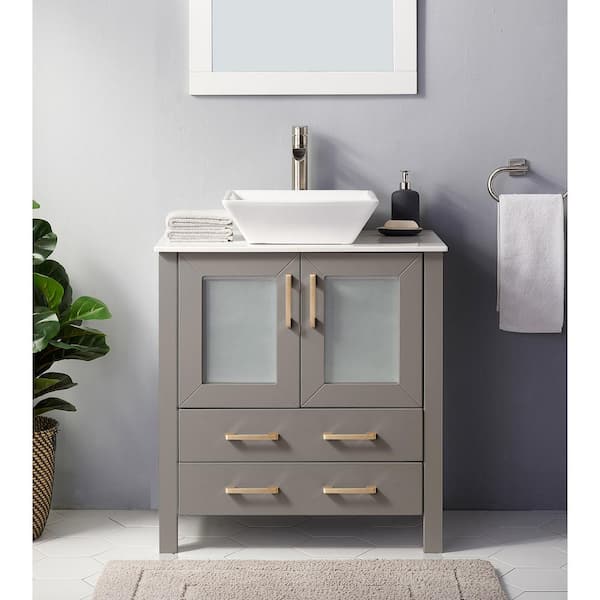 REALN Modern Bathroom Vanity with Ceramic Basin, Gray Storage Cabinet with  Soft Closing, Cold and Hot Faucet Sink Combo,with Mirror Bathroom Sink