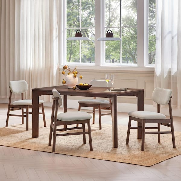 Seth Walnut 5 Piece Rectangular Wood Top Dining Table Set Seats 4 with Rubber Wood Legs,Rounded Corners,4 Dining Chairs