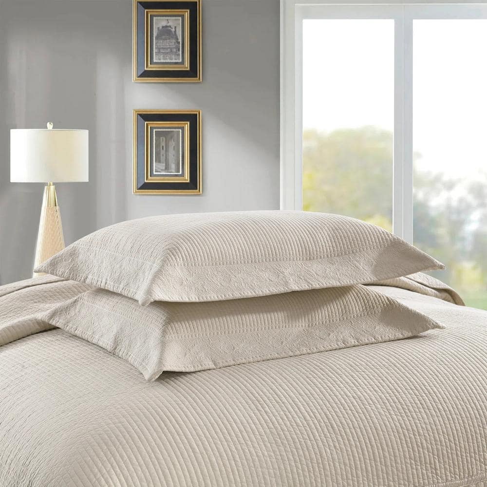 King Size Khaki Cotton Reversible Embroidered Bedspread Set
