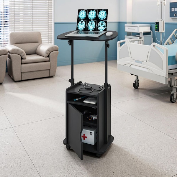 23.5 in. Black Rolling Laptop Desk with Adjustable Height and Storage Cabinet