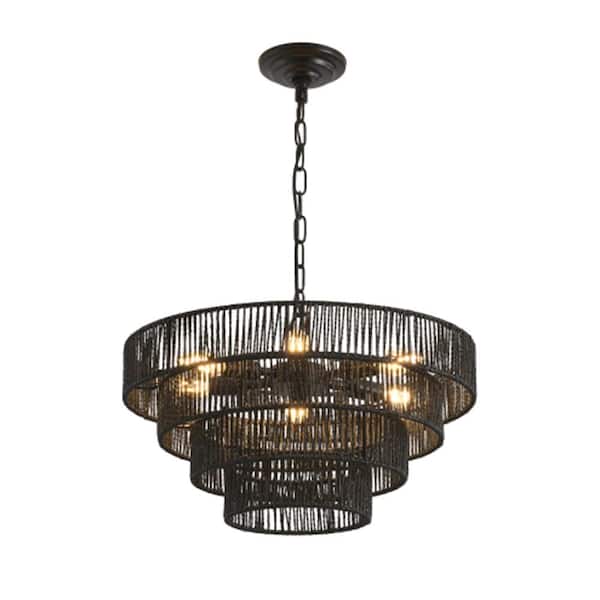 Vitra 20 in. 6-Light E12 Black Iron Hemp Rope 4-Tier Boho Pendant Chandelier