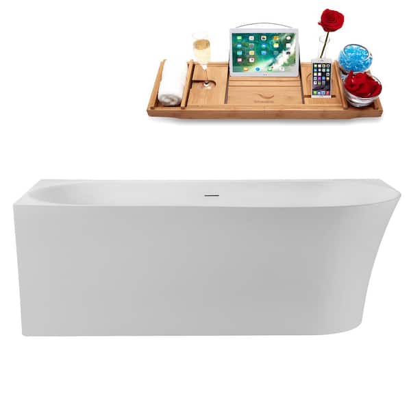 67 in. x 31 in. Acrylic Freestanding Soaking Bathtub in Glossy White with Polished Brass Drain, Bamboo Tray