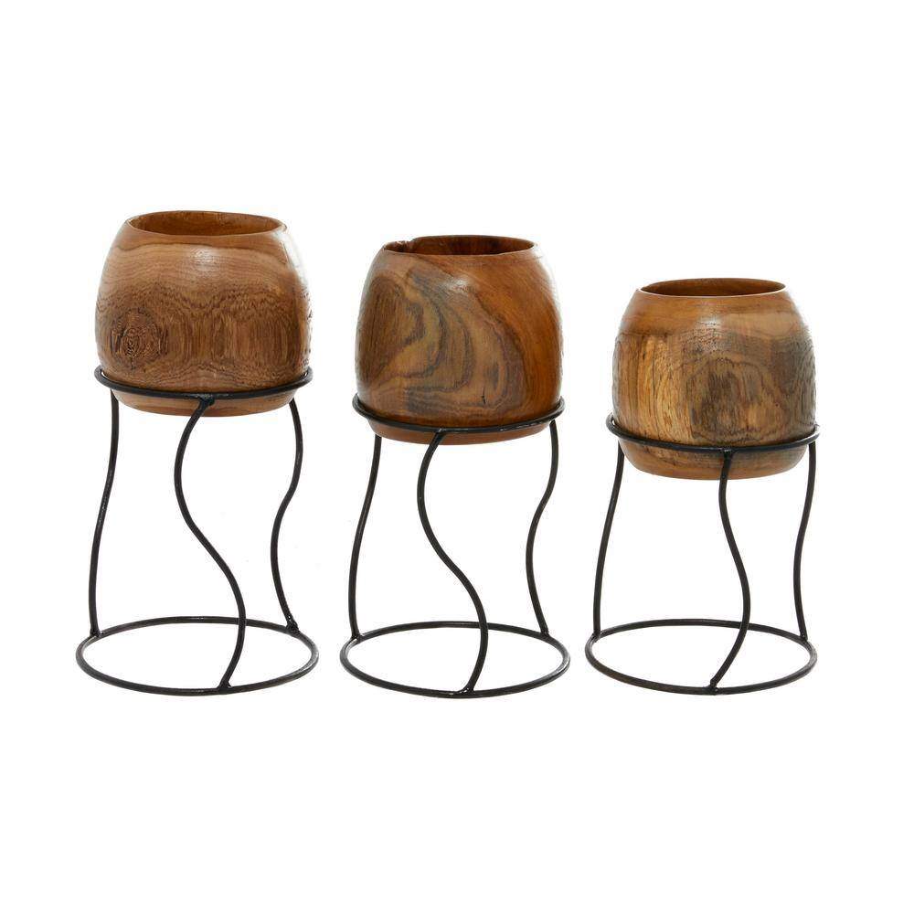 Rustic Teak Wood and Iron Planter Set with Wavy Stand, 3 Pieces