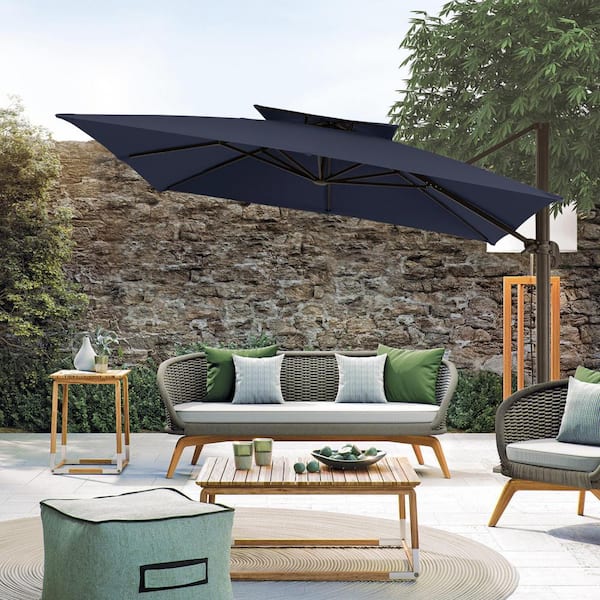JEAREY 12 ft. x 12 ft. Square Outdoor Cantilever Umbrella Patio 2-Tier Top Rotation Umbrella with Cover in Navy
