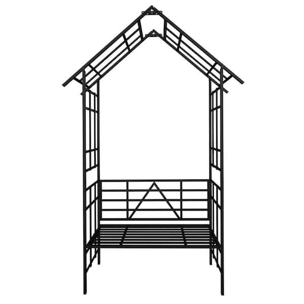 58.07 in. x 97.24 in. Black Metal Garden Arch Trellis with Bench Turned into Flower Stand