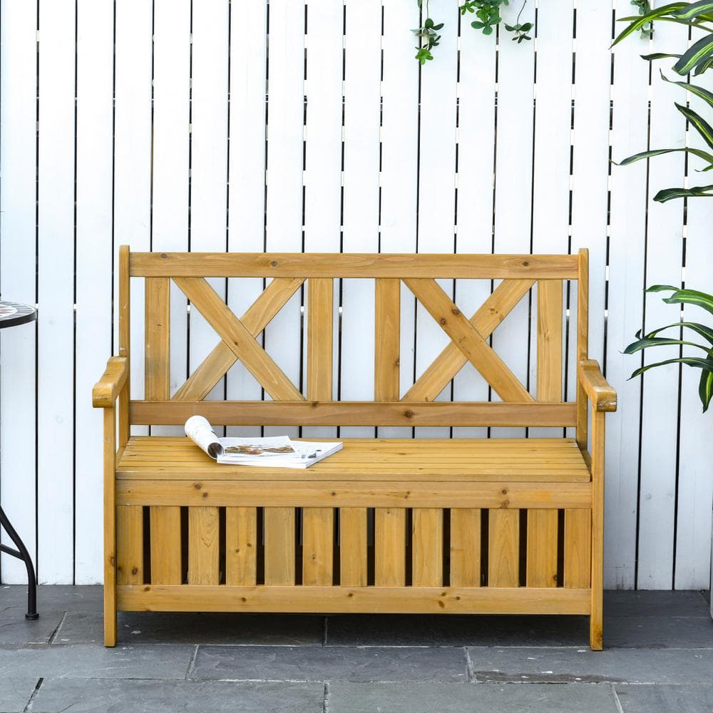 Yellow Fir Wood Outdoor Storage Bench with High Backrest