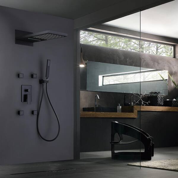 Dimakai 12 in. 6-Jet Thermostatic Ceiling Mount LED Rainfall Shower System with Bathroom Shower Mixer Set in Black