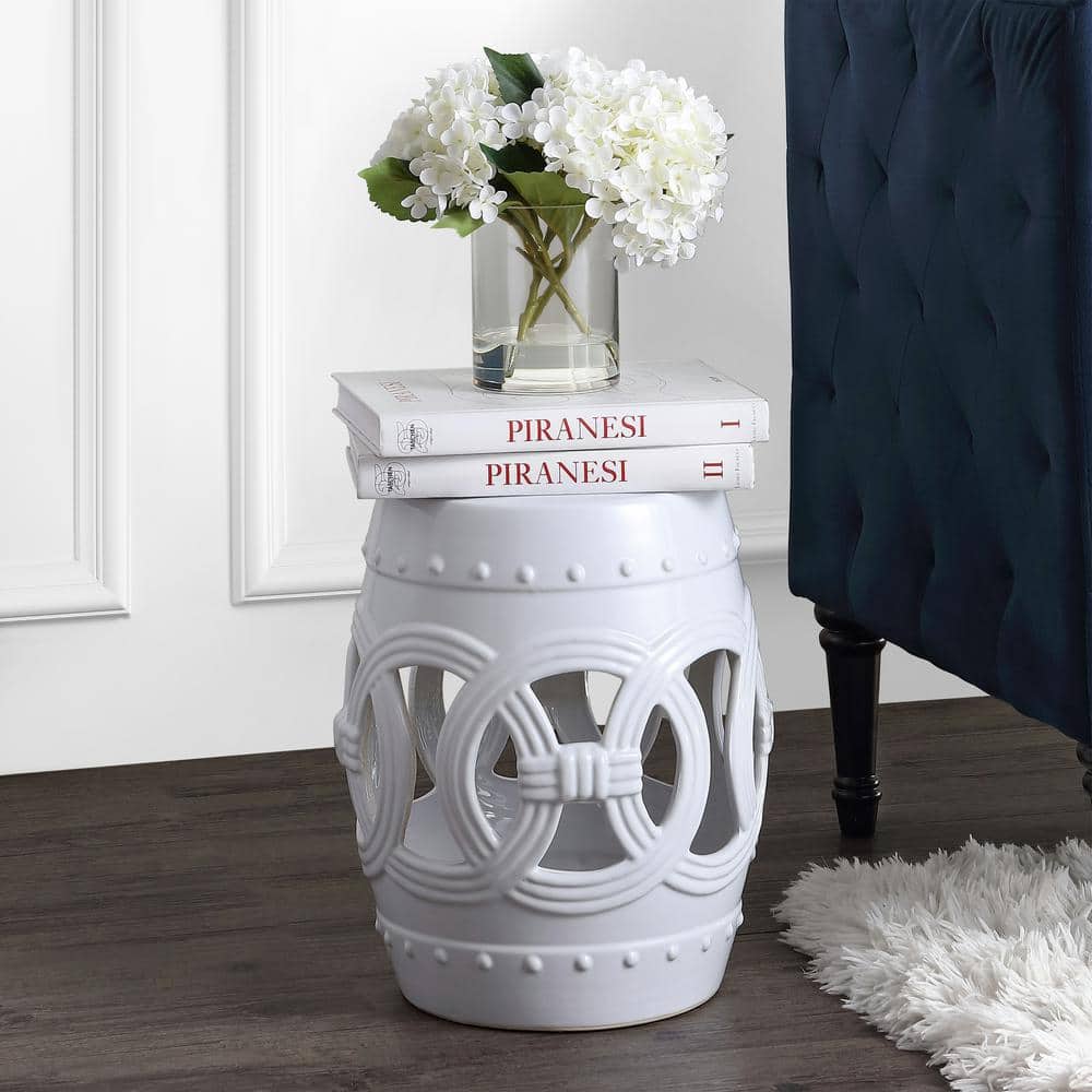 White Ceramic Drum Garden Stool with Lucky Coin Symbols, 16"