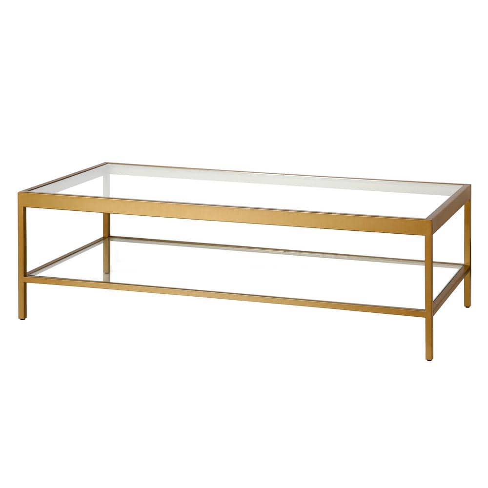 Modern Rectangular Metal & Glass Coffee Table with Shelf - Brass Finish